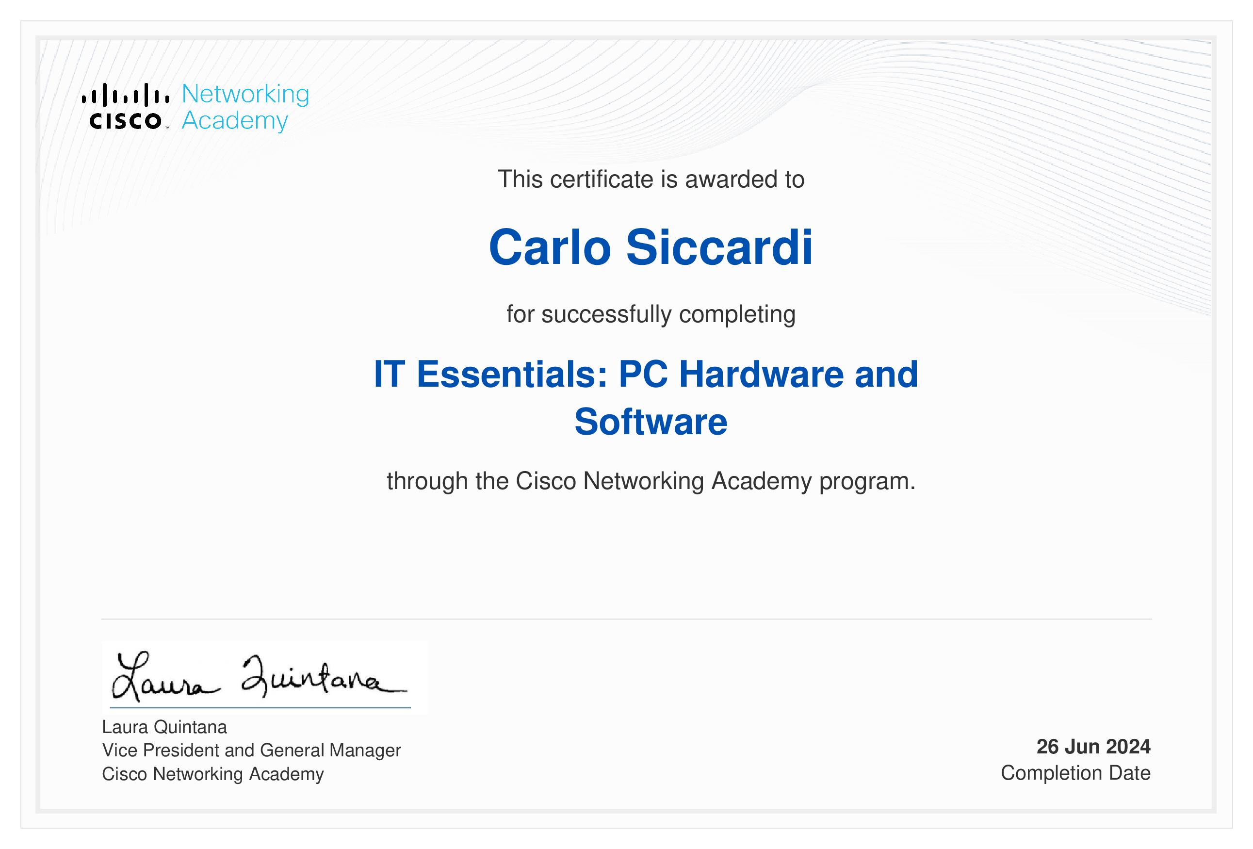 Certificato Cisco IT Essentials di Carlo Siccardi